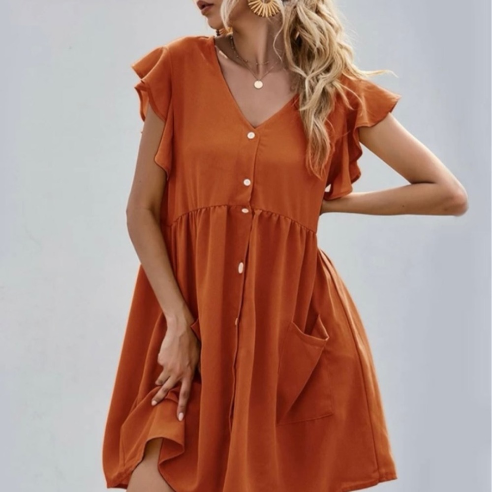 SHEIN Orange Flowy Button Up Dress Size Large